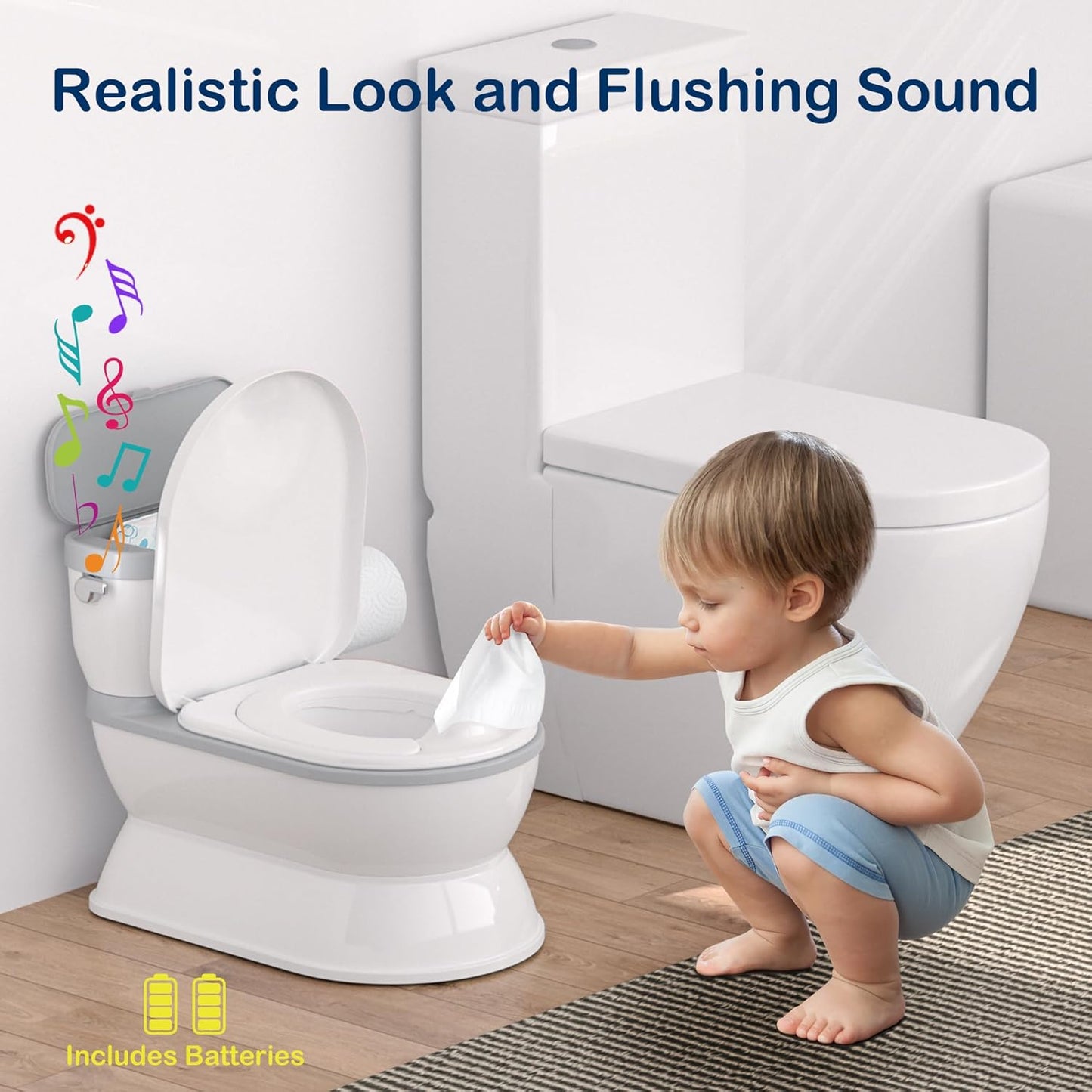 2-In-1 Toddler Potty Training Toilet - Larger Potty Chair & Detachable Training Seat for Boys & Girls Ages 1-3 with Flushing Sound, Wipes Storage, Toilet Paper Holder - Grey