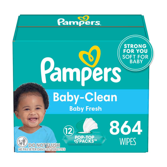 Pampers Baby Clean Wipes, Baby Fresh Scented, 12 paquetes con tapa abatible (864 toallitas en total)