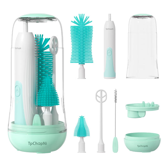 TpChapNi Electric Travel Baby Bottle Brush Set, Electric Bottle Brush Cleaner, Silicone Bottle, Nipple and Straw Brush, Stirring Disperser, Drainage Rack, Storage Box (Green)