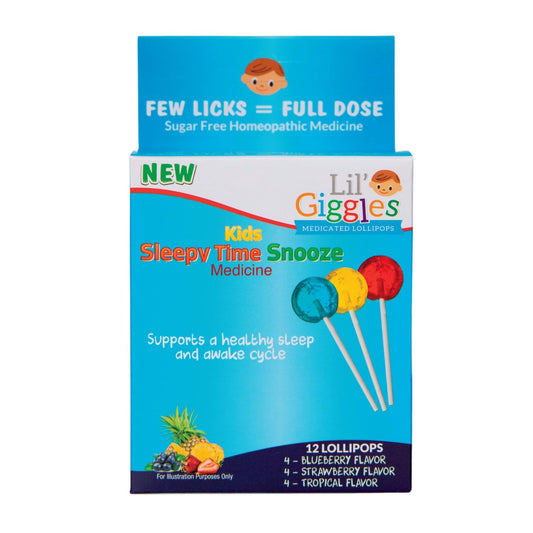 Lil' Giggles Kids Medicated Lollipops - Gentle Relief for Kids Not Sleeping well - Support a Healthy Sleep and Awake Cycle - Homeopathic Remedy Children's Love - Blueberry, Strawberry, & Tropical Flavor 12 CT