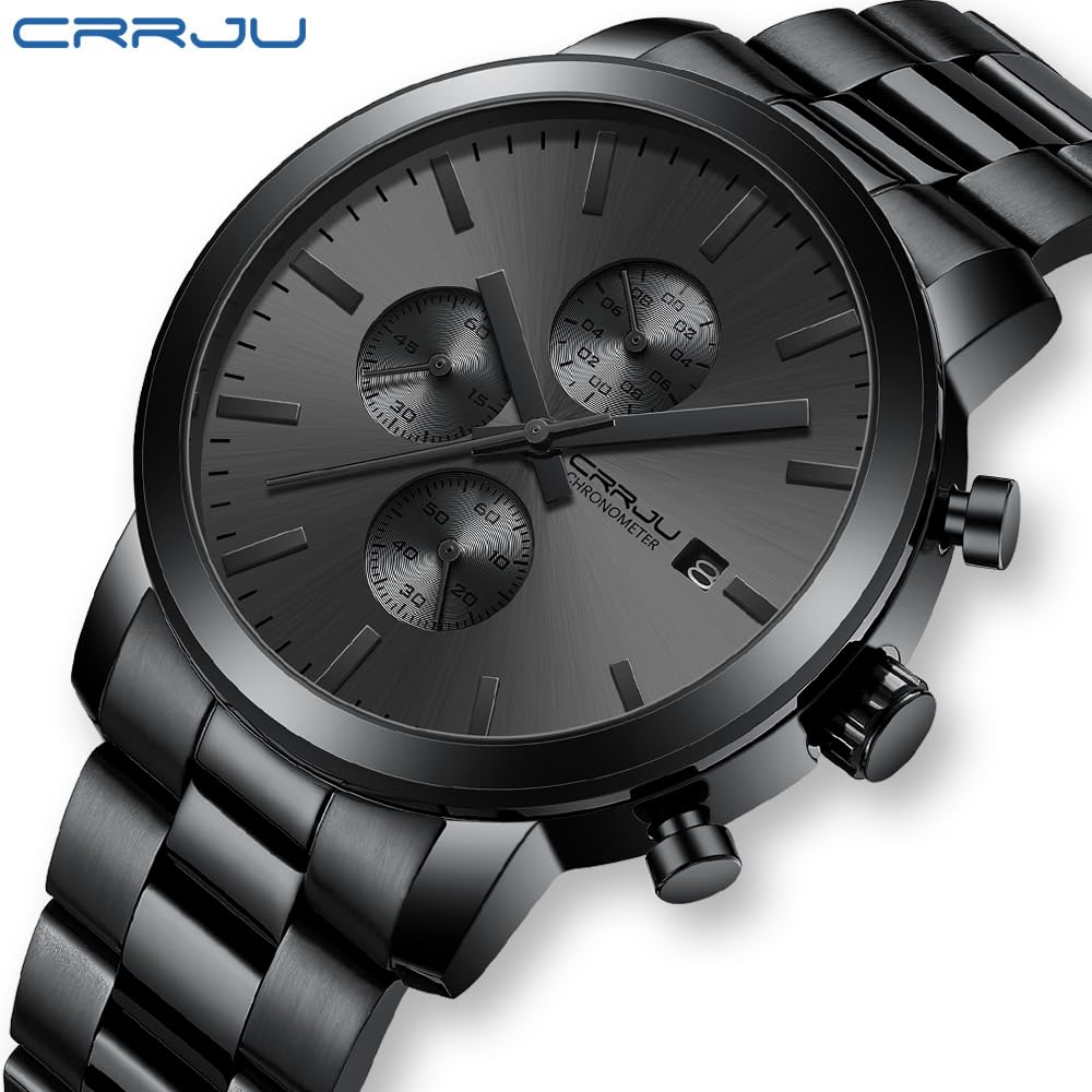 CRRJU Fashion Business Mens Watches with Stainless Steel Waterproof Chronograph Auto Date Quartz Watch for Men