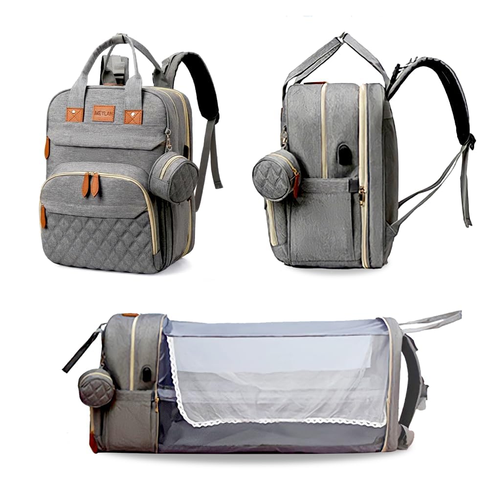 Diaper Bag Backpack baby bag - Spacious & Multifunctional Baby Essentials Travel Tote-Waterproof with Changing Pad, Stroller Straps, USB Charging Port & Pacifier Case - Large Capacity - Unisex, Grey