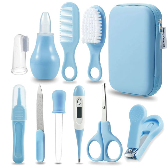 PandaEar Baby Healthcare and Grooming Kit, Baby Safety Set Baby Comb, Brush, Finger Toothbrush, Nail Clippers, Scissors, Nasal Aspirator, Baby Essentials Nursery Care Kit (Blue)