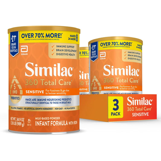 Similac 360 Total Care Sensitive Infant Formula for Fussiness & Gas Due to Lactose Sensitivity, Has 5 HMO Prebiotics, Non-GMO,‡ Baby Formula Powder, 34.9-oz Value Can, Pack of 3