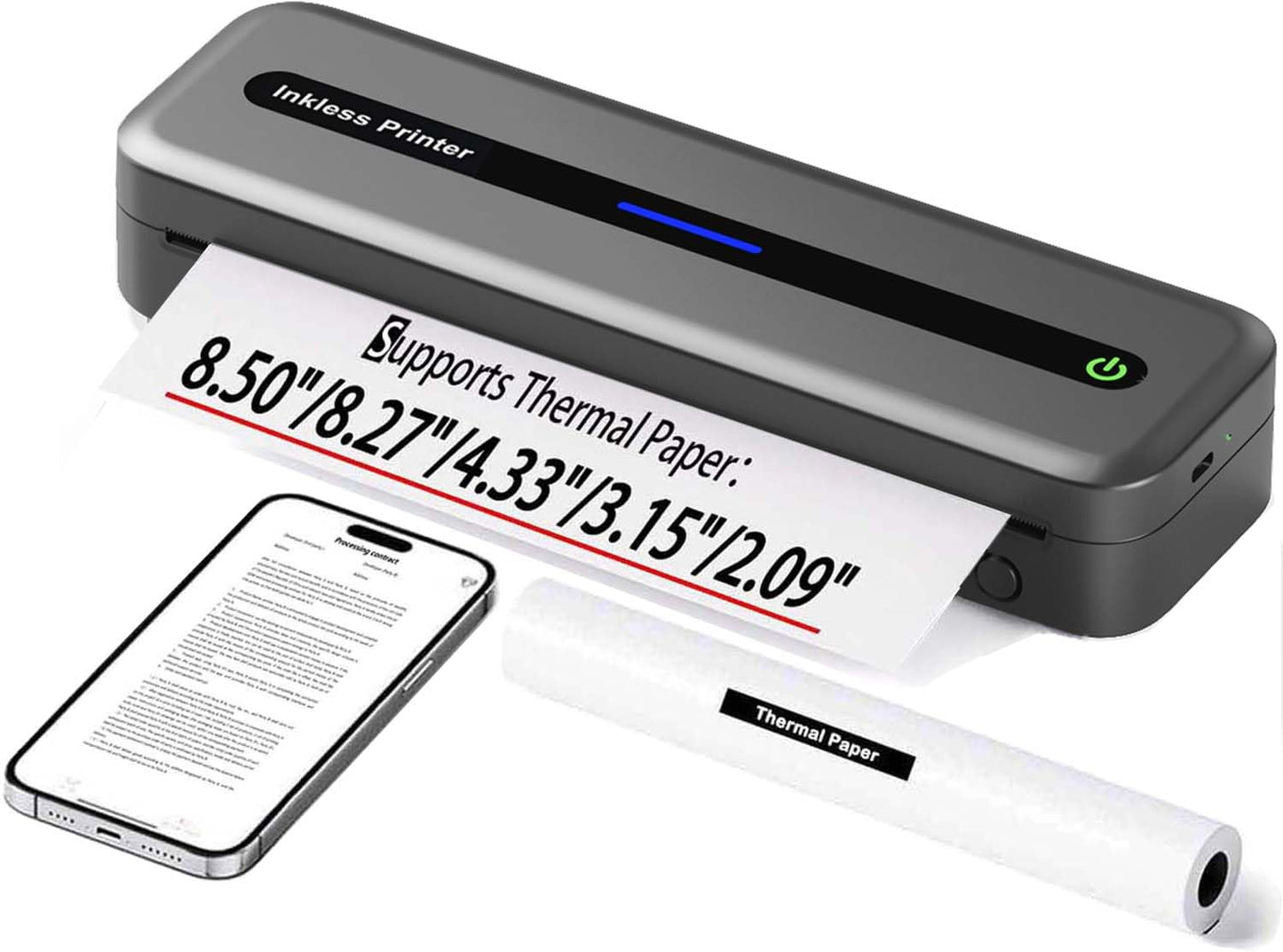 Portable Printer Wireless Bluetooth for iPad iPhone Android Laptop - A4 Inkless Printer for 2"/3"/4"/8.26"/8.5x11" Thermal Paper - 300DPI Mobile Printer for Vehicle Travel Home Office PDF Word TXT