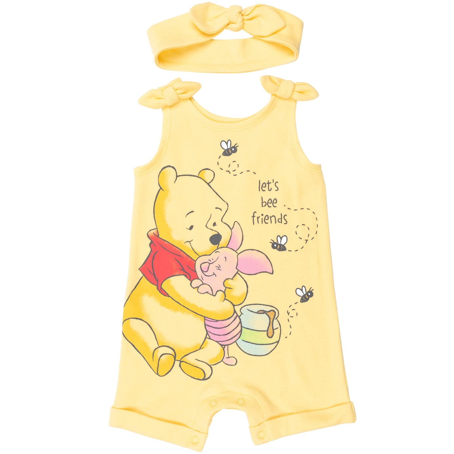 Disney Winnie The Pooh - Conjunto de mameluco y diadema para bebé, color amarillo, 6 a 9 meses