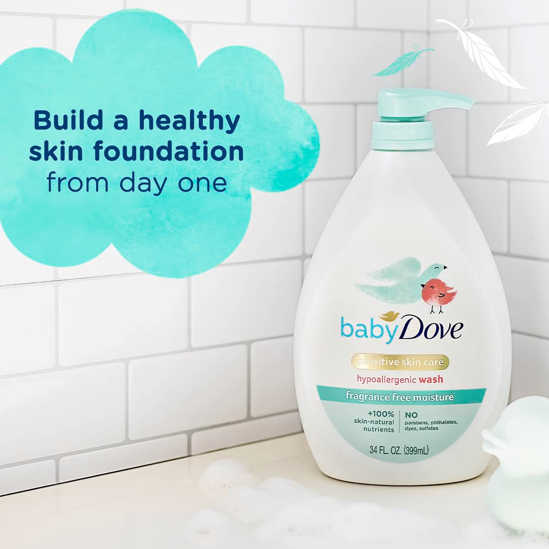 Baby Dove Cuidado de la piel sensible Jabón para bebé Sin fragancia Humedad para la hora del baño del bebé Sin fragancia e hipoalergénico, elimina las bacterias 34 oz