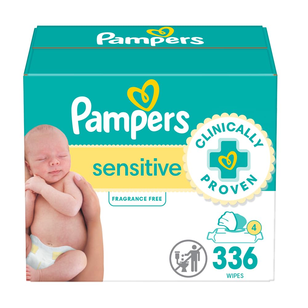 Toallitas para bebés Pampers Sensitive, a base de agua, hipoalergénicas y sin perfume, 4 paquetes con tapa abatible (336 toallitas en total)