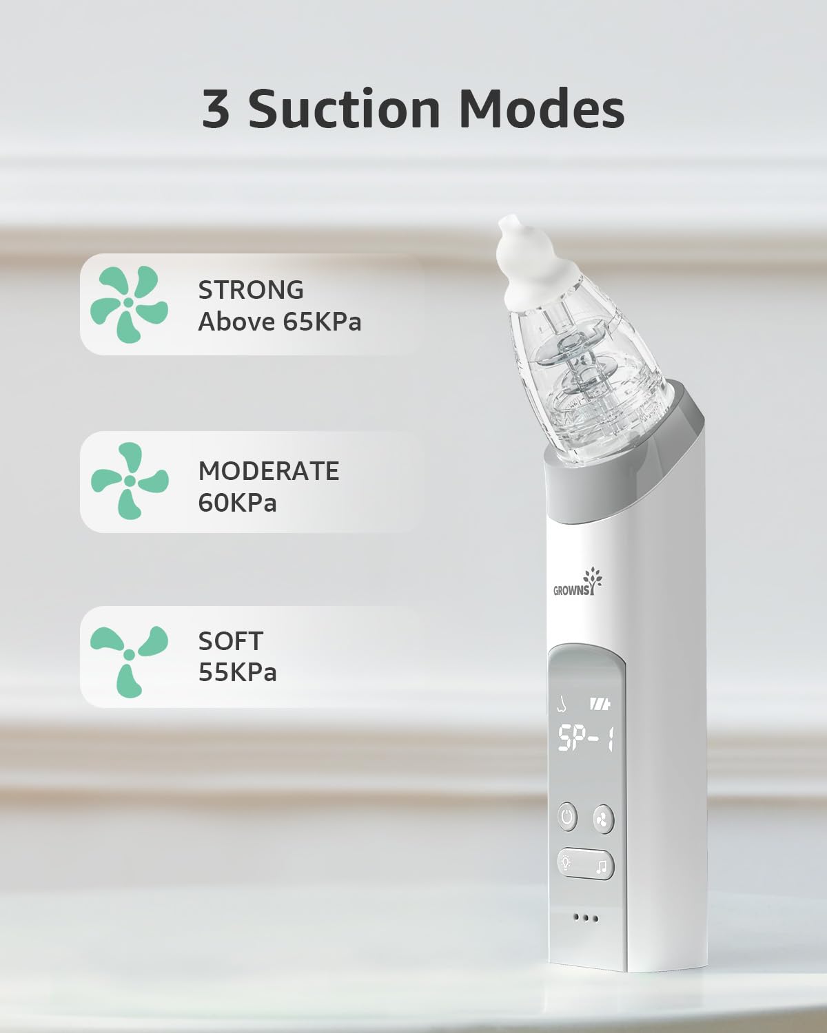 GROWNSY Nasal Aspirator for Baby, Electric Nose Aspirator for Toddler, Baby Nose Sucker, Automatic Nose Cleaner with 3 Silicone Tips, Adjustable Suction Level, Music and Light Soothing Function