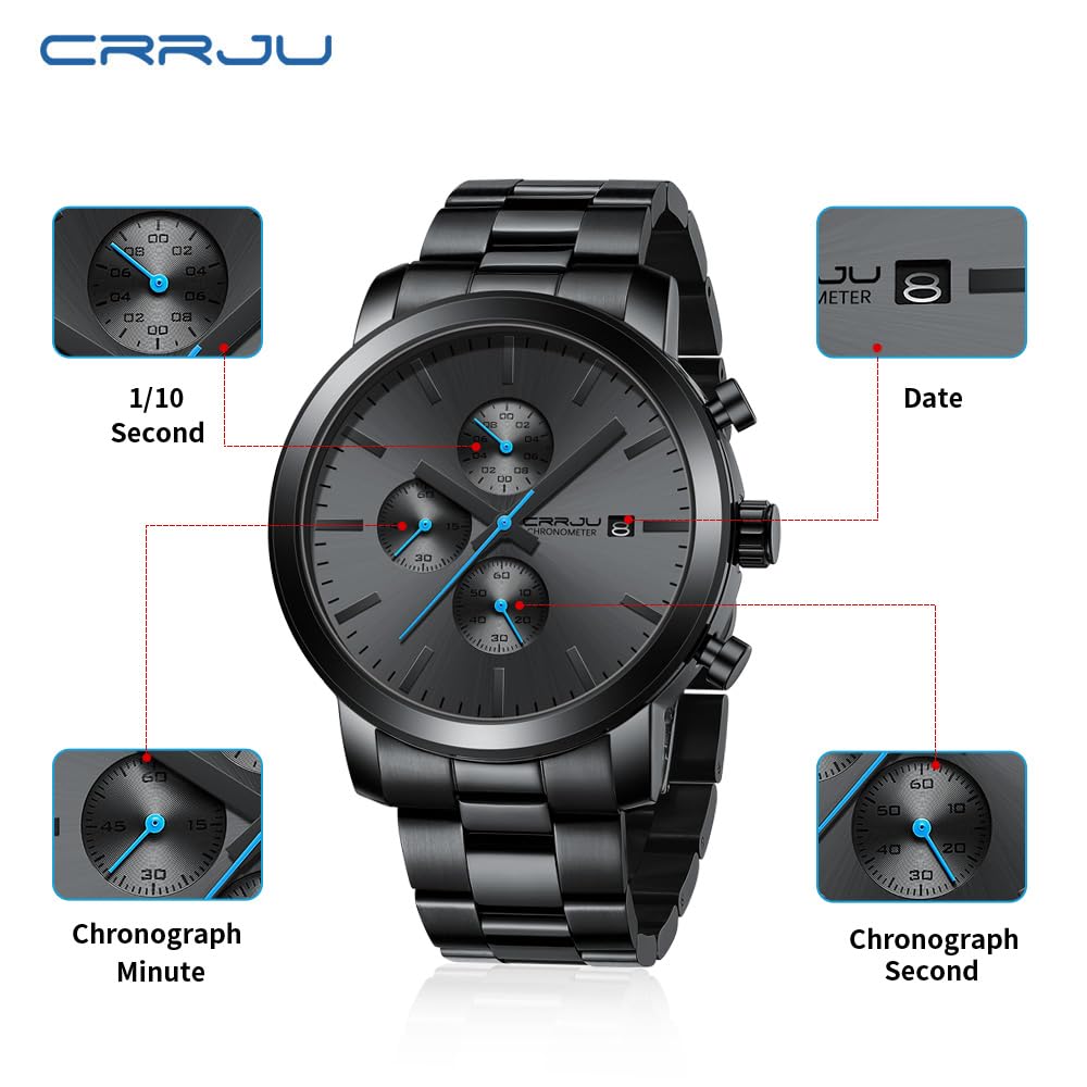 CRRJU Fashion Business Mens Watches with Stainless Steel Waterproof Chronograph Auto Date Quartz Watch for Men