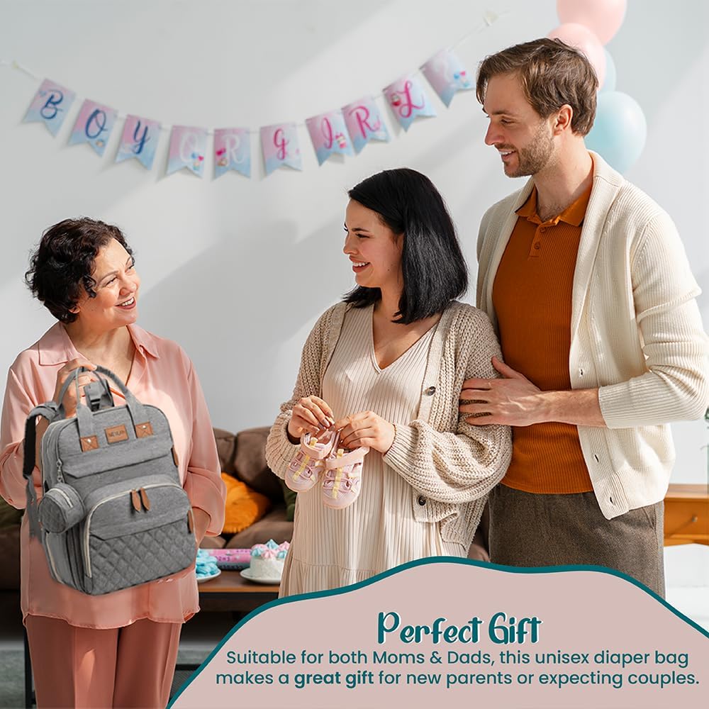 Diaper Bag Backpack baby bag - Spacious & Multifunctional Baby Essentials Travel Tote-Waterproof with Changing Pad, Stroller Straps, USB Charging Port & Pacifier Case - Large Capacity - Unisex, Grey