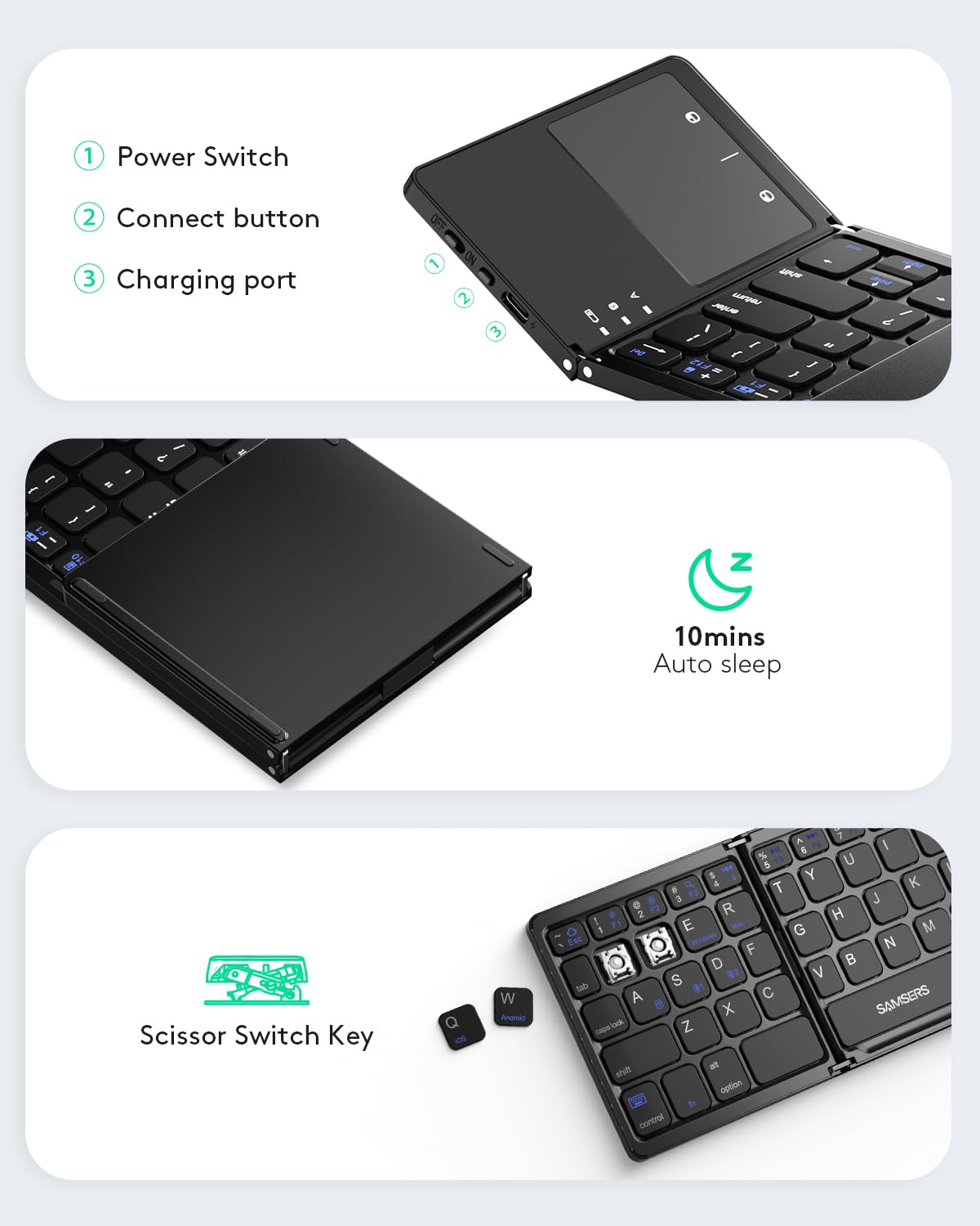 Samsers Multi-Device Foldable Bluetooth Keyboard with Touchpad, Rechargeable Dual-Mode(2.4G+BTx2) Wireless Keyboard with Holder, Portable Folding Keyboard for Android Windows iOS Mac OS - Black