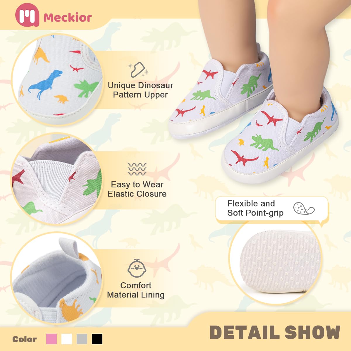 Meckior Toddler Baby Boys Girls Canvas Dinosaur Sneaker Newborn Infant Soft Anti-Slip Sole First Walking Crib Shoes