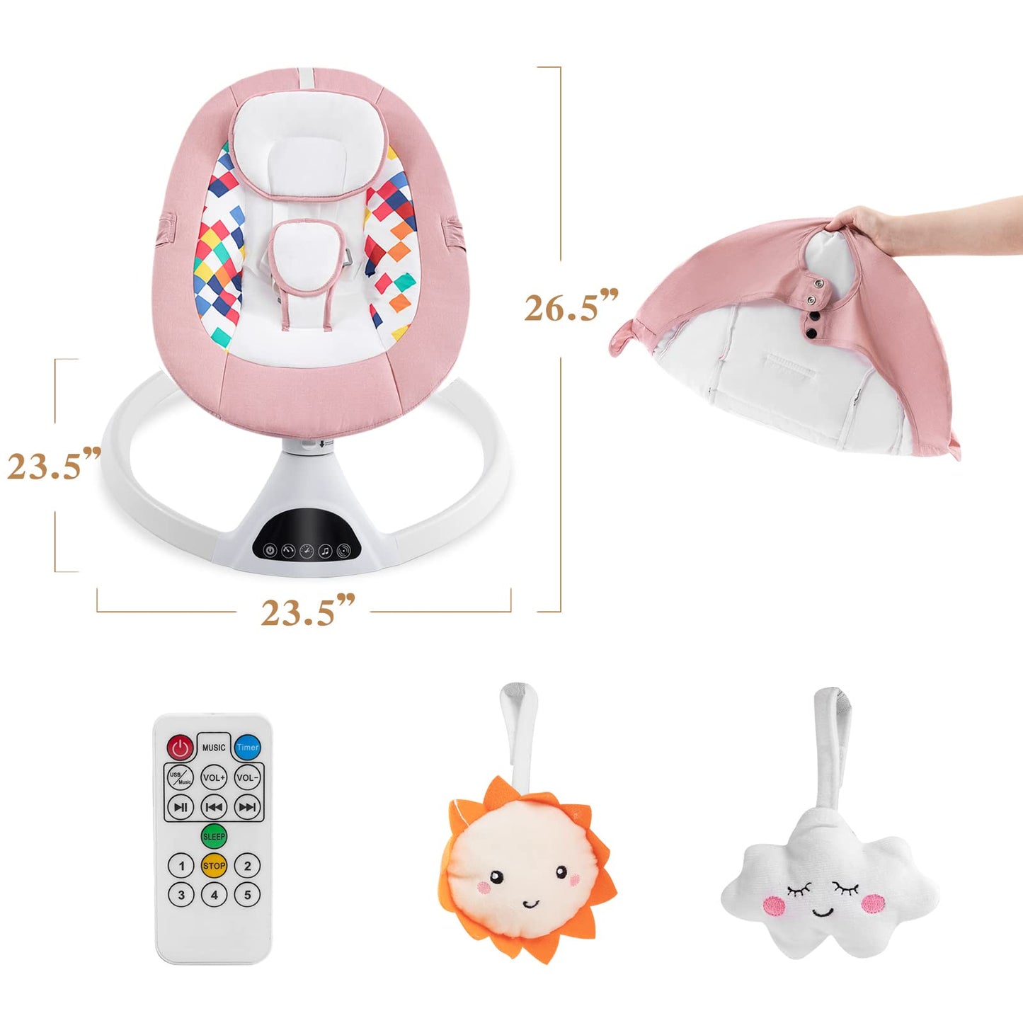 Soobaby Baby Swing for Infants,Electric Bouncer for Babies,Portable Swing for Baby Boy Girl,Remote Control Indoor Baby Rocker with 5 Sway Speeds,Music and Bluetooth,Light Pink