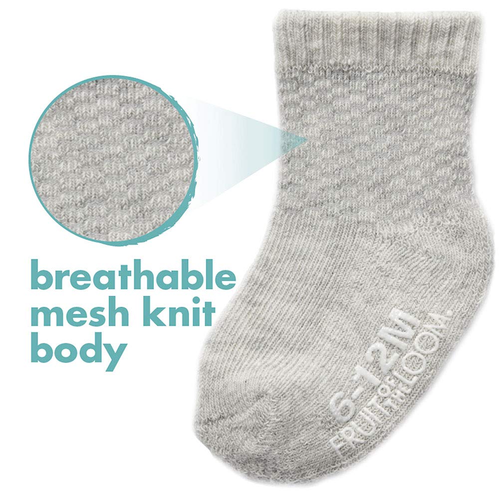 Fruit of the Loom Baby 6-Pack All Weather Crew-Length Socks, Mesh & Thermal Stretch - Unisex, Girls, Boys (0-6 Months, Grey)