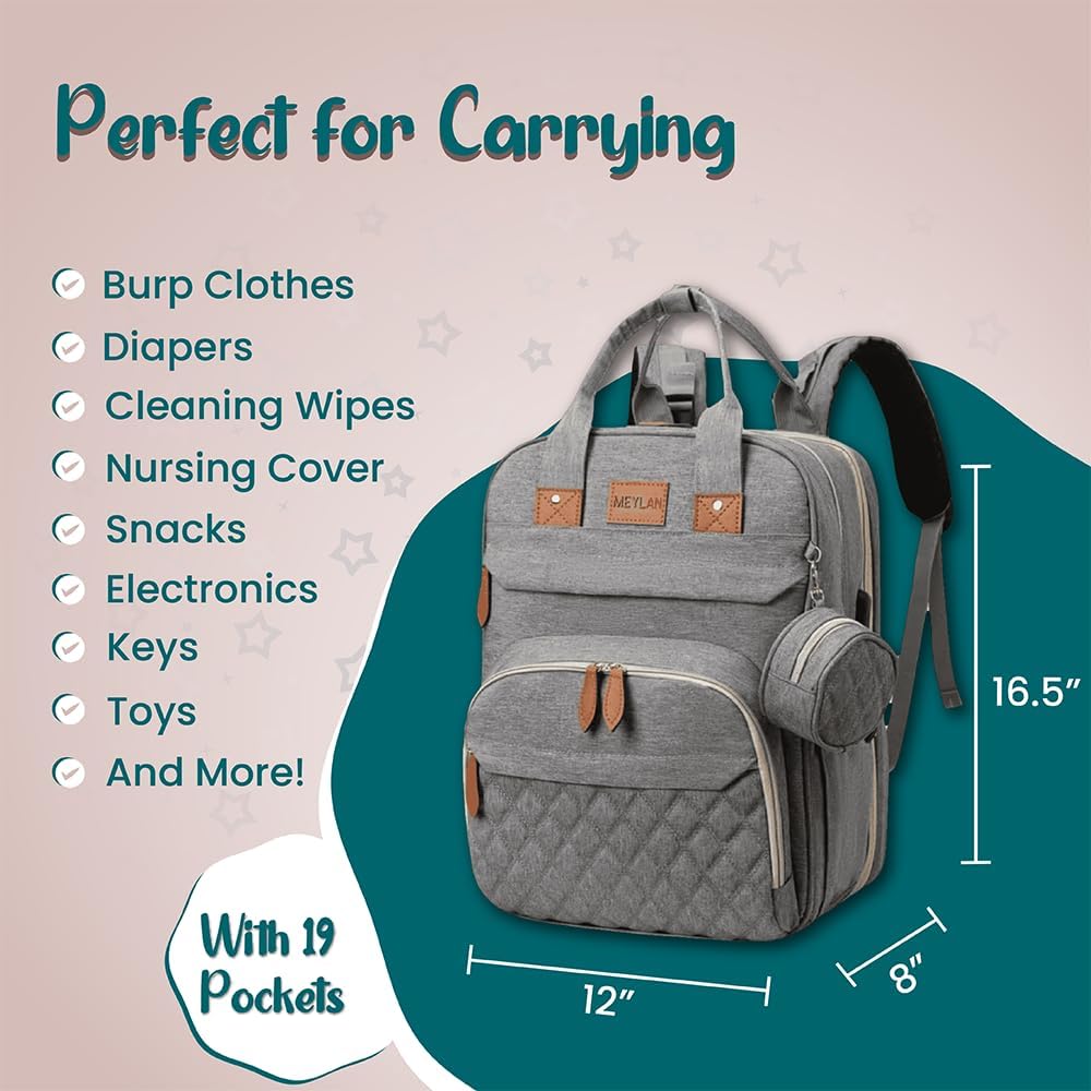 Diaper Bag Backpack baby bag - Spacious & Multifunctional Baby Essentials Travel Tote-Waterproof with Changing Pad, Stroller Straps, USB Charging Port & Pacifier Case - Large Capacity - Unisex, Grey