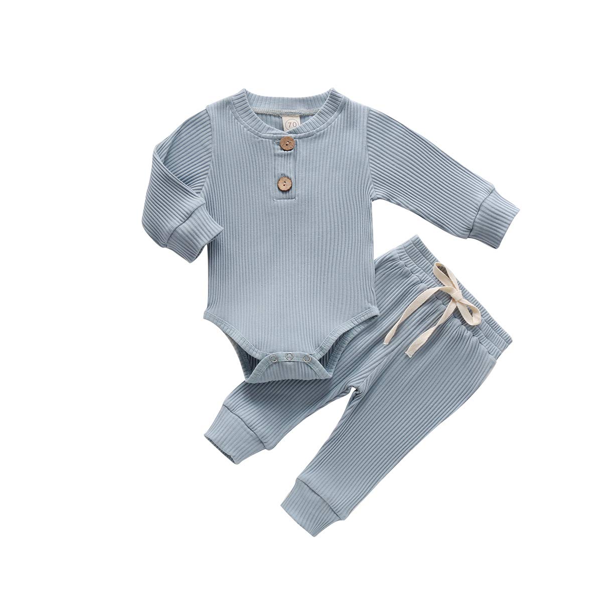 Newborn Baby Girl Boy Fall Clothes Outfits Long Sleeve Knitted Cotton Romper & Pants Infant Winter Sets, B-blue, 6-12 Months