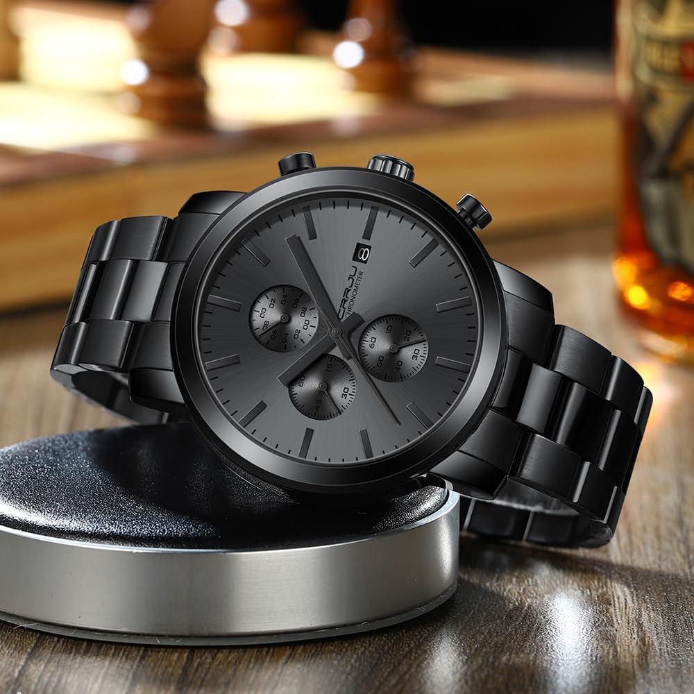 CRRJU Fashion Business Mens Watches with Stainless Steel Waterproof Chronograph Auto Date Quartz Watch for Men