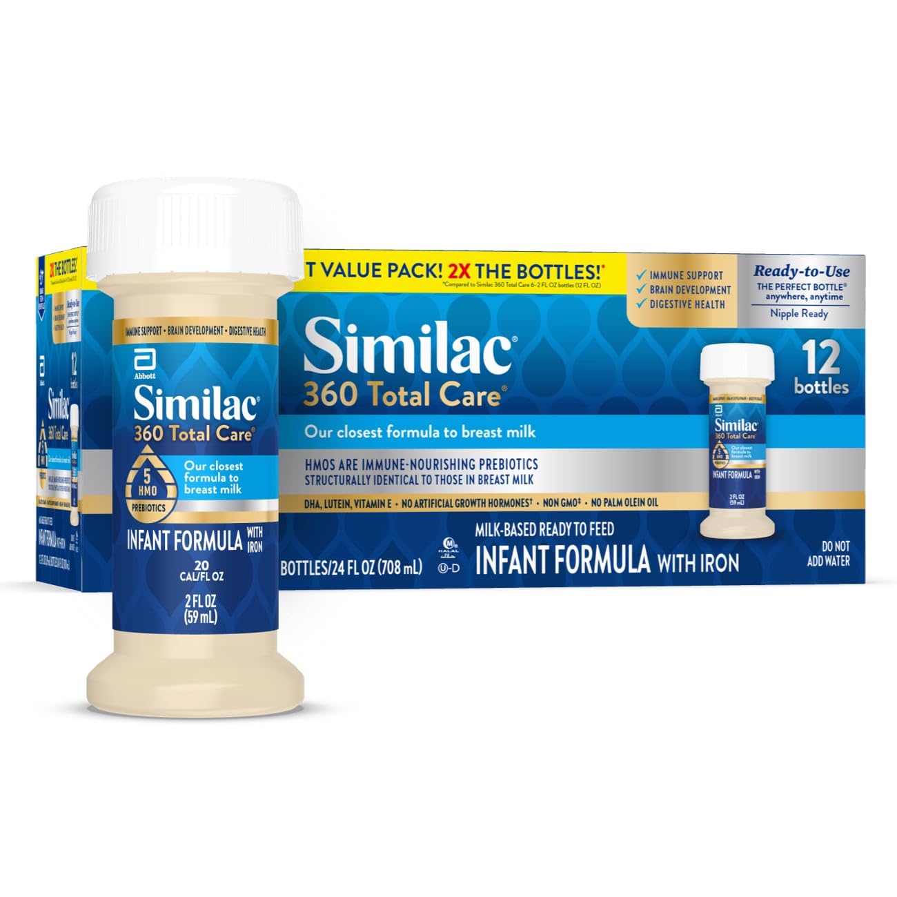 Similac 360 Total Care Infant Formula, Has 5 HMO Prebiotics, Our Closest Prebiotic Blend to Breast Milk, Non-GMO,‡ Baby Formula, Ready to Feed, 2-fl-oz Bottle, Pack of 12