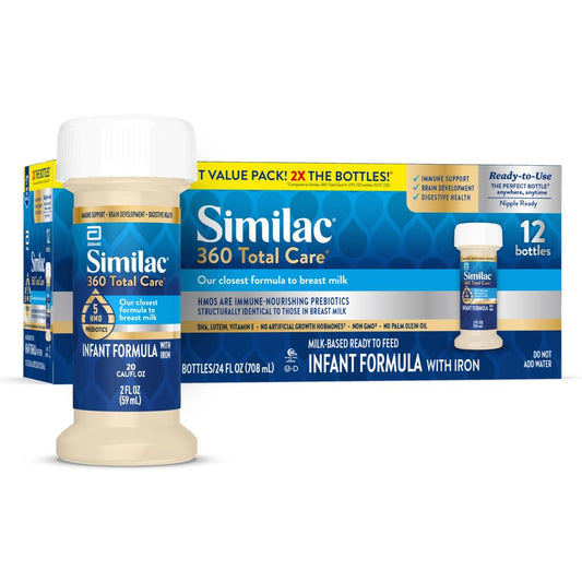 Similac 360 Total Care Infant Formula, Has 5 HMO Prebiotics, Our Closest Prebiotic Blend to Breast Milk, Non-GMO,‡ Baby Formula, Ready to Feed, 2-fl-oz Bottle, Pack of 12