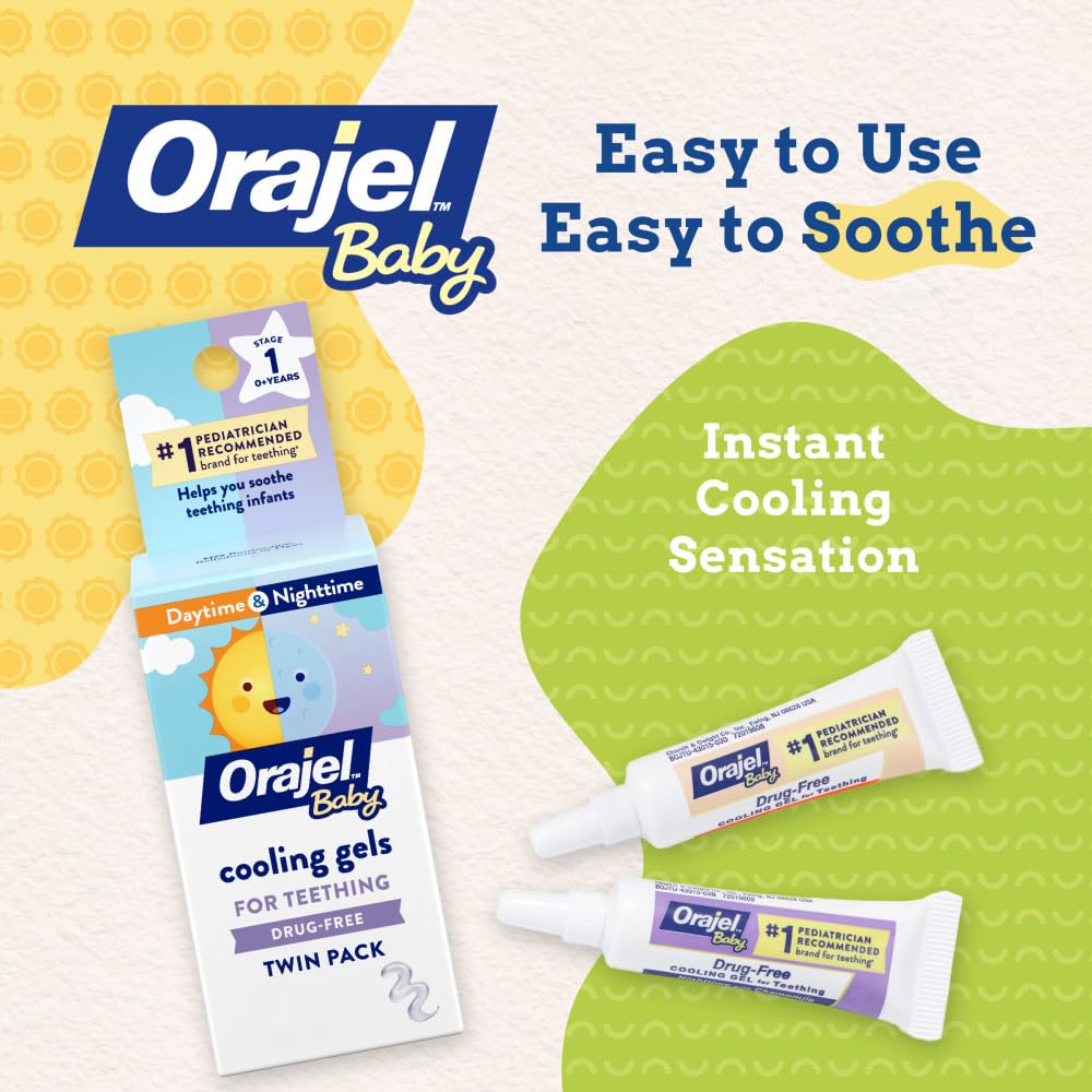 Orajel Baby Daytime & Nighttime Cooling Gels for Teething, Drug-Free, #1 Pediatrician Recommended Brand for Teething*, Two 0.18oz Tubes