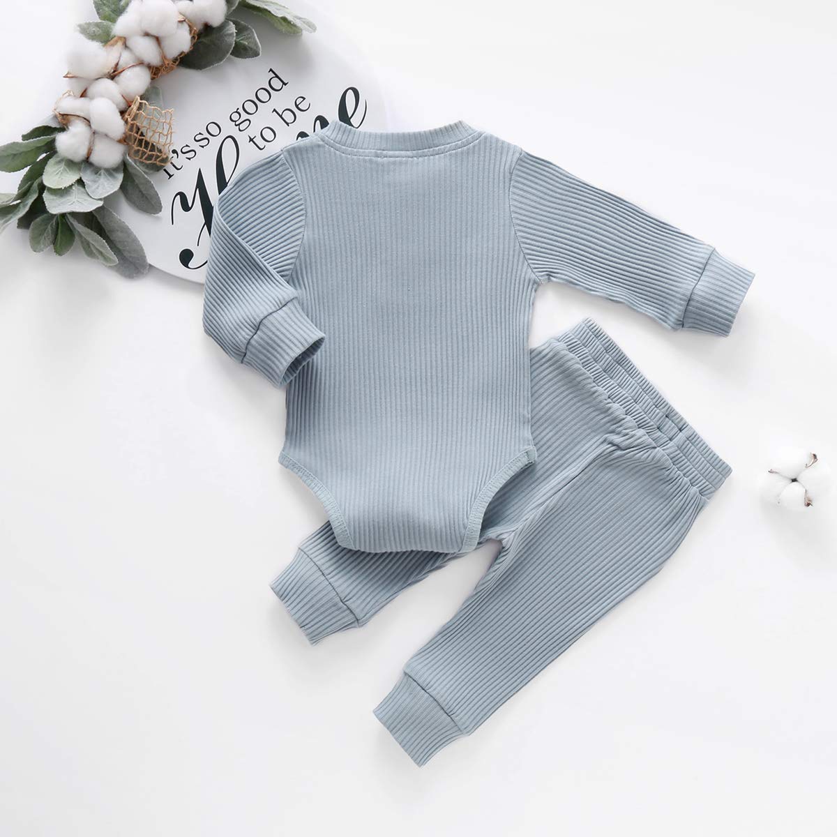 Newborn Baby Girl Boy Fall Clothes Outfits Long Sleeve Knitted Cotton Romper & Pants Infant Winter Sets, B-blue, 6-12 Months