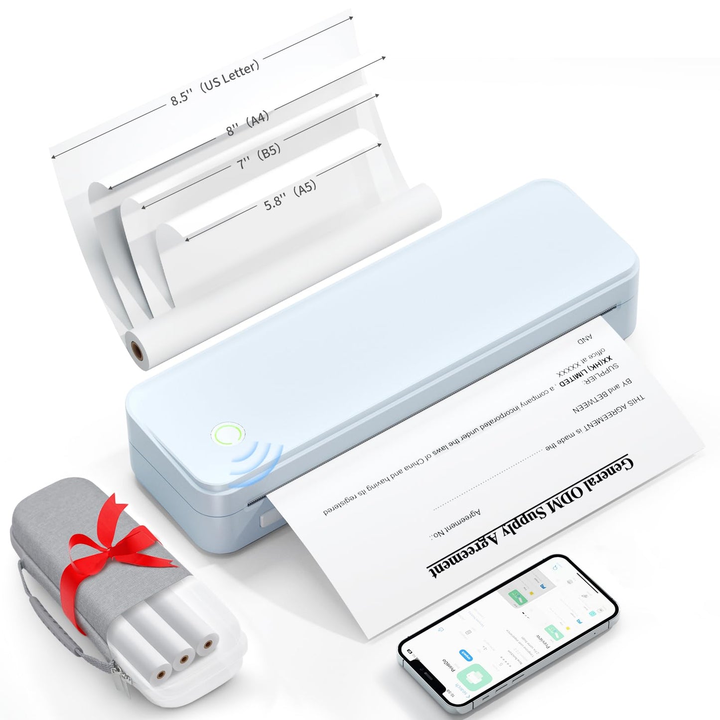 Gloryang Inkless Portable Printer for Travel, Wireless Thermal Printer Supports 8.5" x 11" US Letter Size, Bluetooth Printer includes Carry Case and 3 Rolls of Thermal Paper Kit, Blue