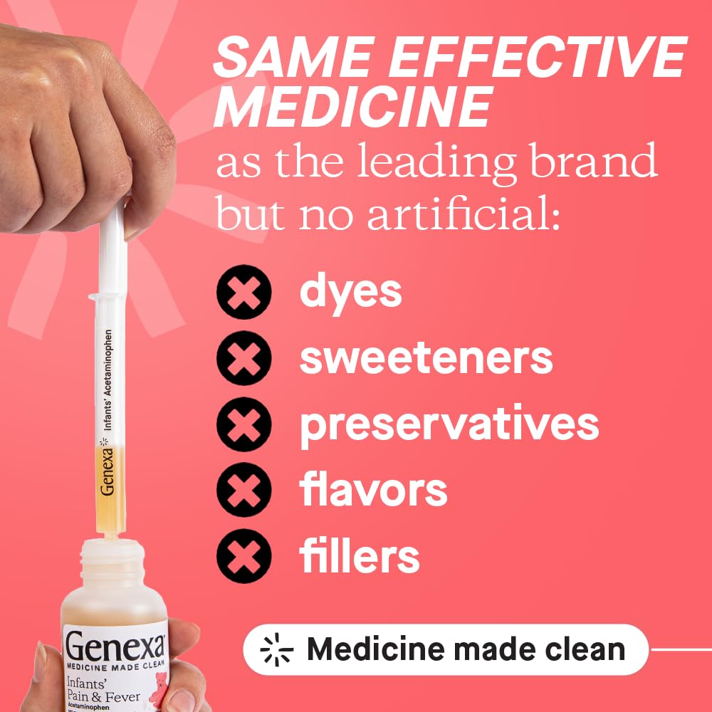Reductor del dolor y la fiebre de los bebés Genexa | Acetaminofén para bebés, medicamento líquido en suspensión oral sin colorantes para bebés | Delicioso sabor a arándano orgánico | 160 mg por 5 ml | 2 onzas líquidas