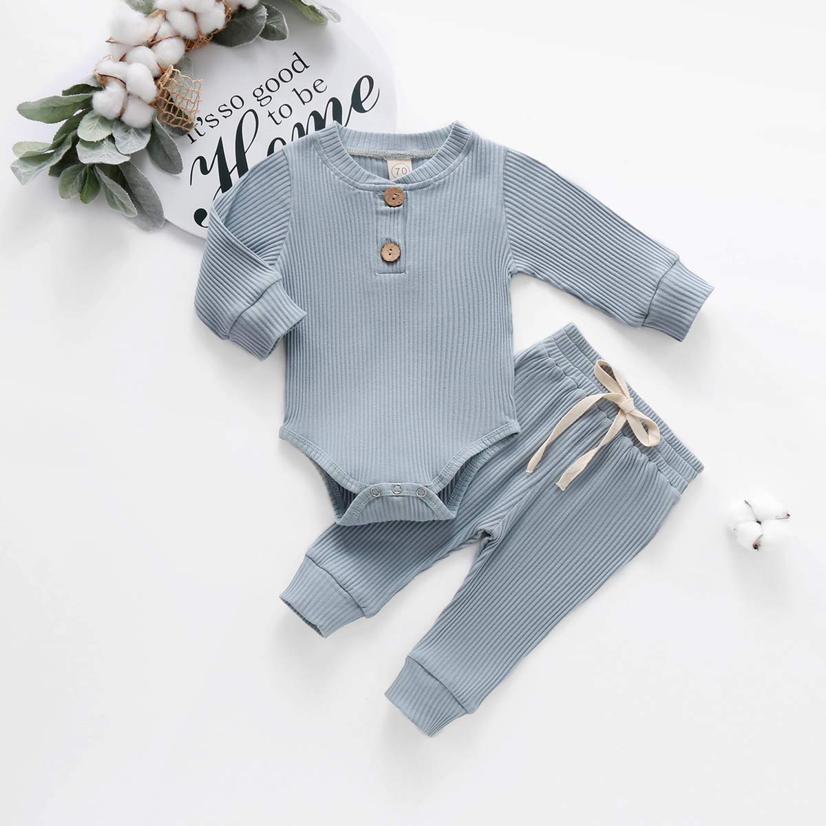 Newborn Baby Girl Boy Fall Clothes Outfits Long Sleeve Knitted Cotton Romper & Pants Infant Winter Sets, B-blue, 6-12 Months