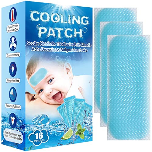 EASYEAH 16 hojas de almohadillas frías para bebés para niños, malestar y alivio del dolor, alivio de enfriamiento, reductor de fiebre, alivia el dolor de cabeza, paquete de 16
