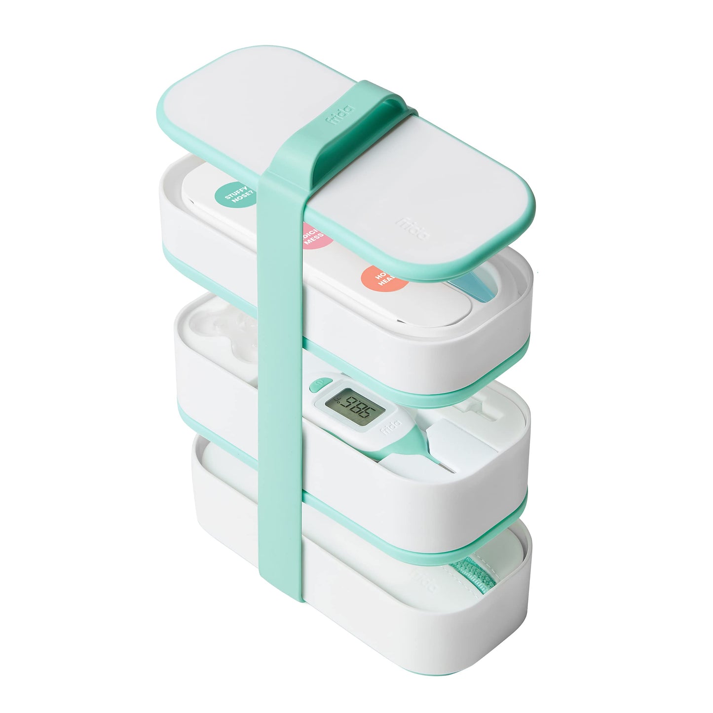 Kit de viaje con botiquín móvil Frida Baby | El set de regalo Baby Essentials incluye NoseFrida Snotsucker, termómetro rectal, dispensador de medicamentos MediFrida con estuche portátil