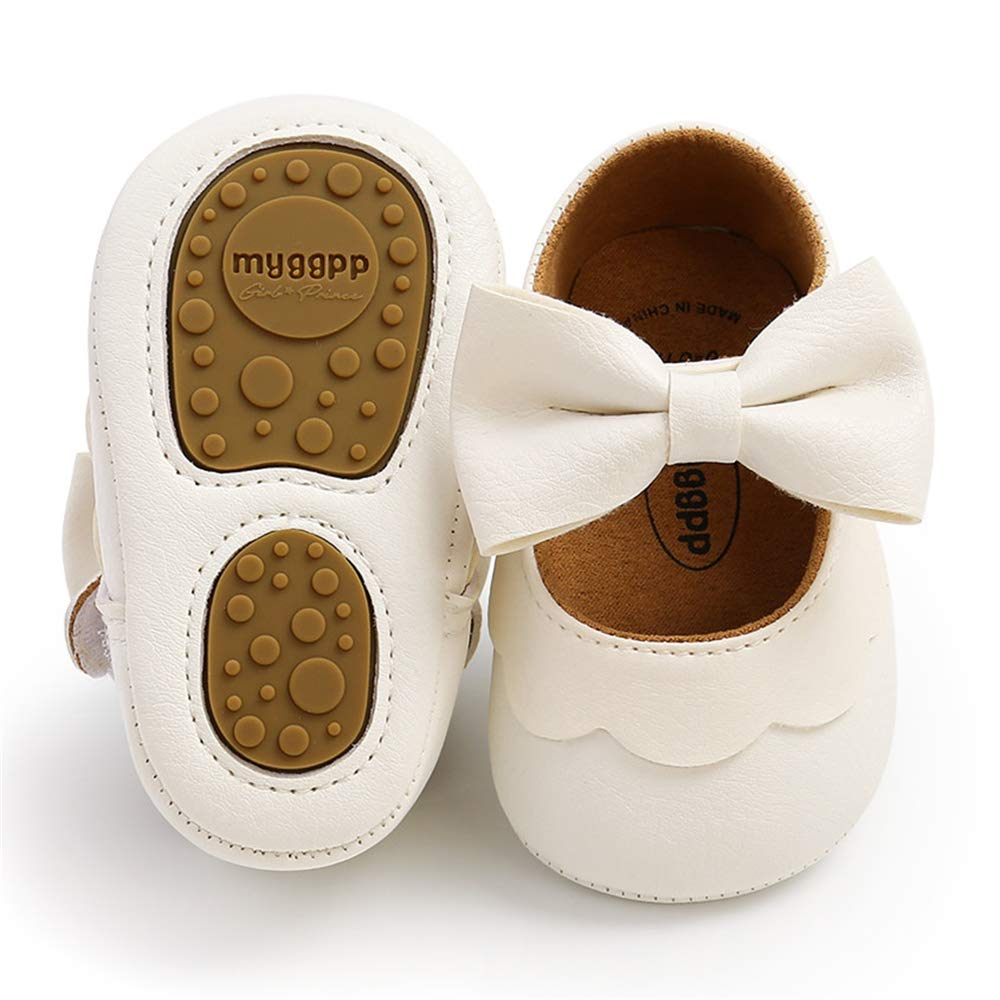 LAFEGEN Baby Girls Mary Jane Flats with Bownot Non Slip Soft Sole PU Leather Newborn Infant Toddler First Walker Cirb Dress Shoes, 6-12 Months Infant, 07 White