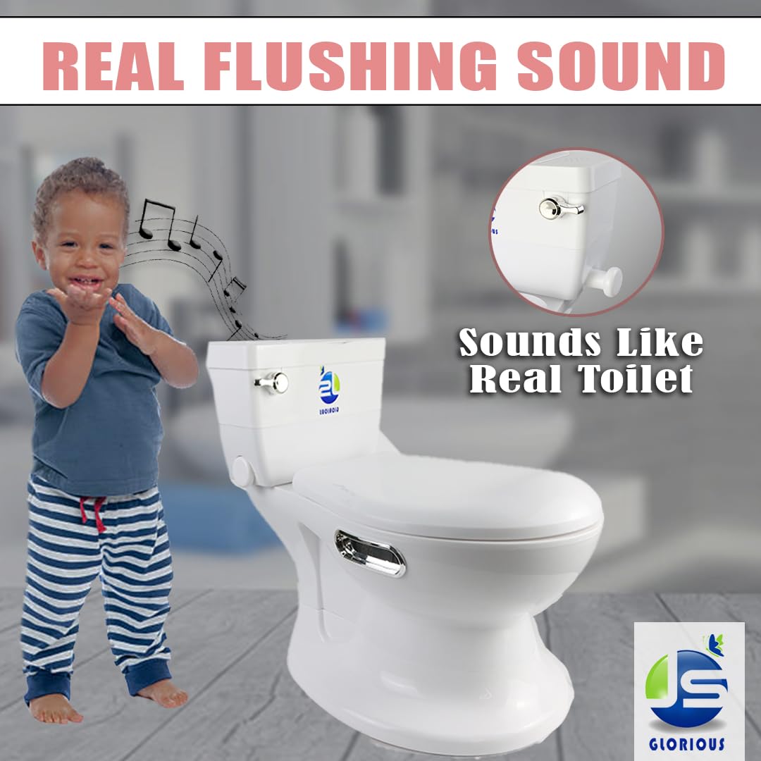 Potty Training Toilet, Adult Version, Real Flushing Sound, Top Storage & Paper Roll Holder, PU Soft Seat Cushion, Anti-Slip Bottom, Liners & Brush- Toddler & Kids, Boys & Girls, JS Glorious(White)