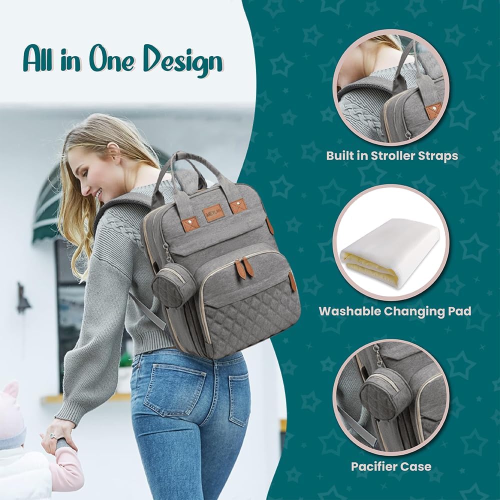 Diaper Bag Backpack baby bag - Spacious & Multifunctional Baby Essentials Travel Tote-Waterproof with Changing Pad, Stroller Straps, USB Charging Port & Pacifier Case - Large Capacity - Unisex, Grey