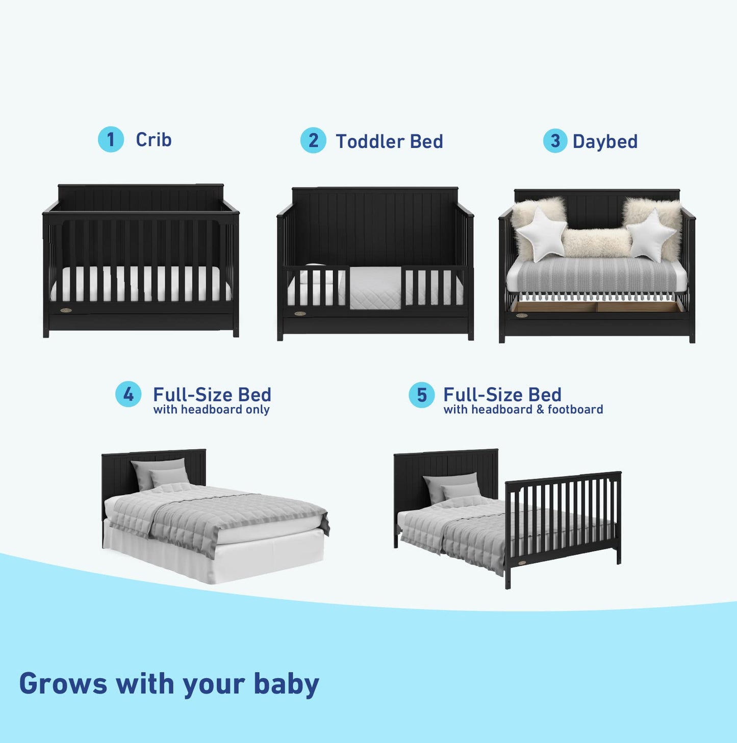 Graco Hadley Cuna convertible 5 en 1 con cajón (negro) - Combo, incluye almacenamiento de guardería de tamaño completo, se convierte de cuna de bebé a cama para niños pequeños, sofá cama