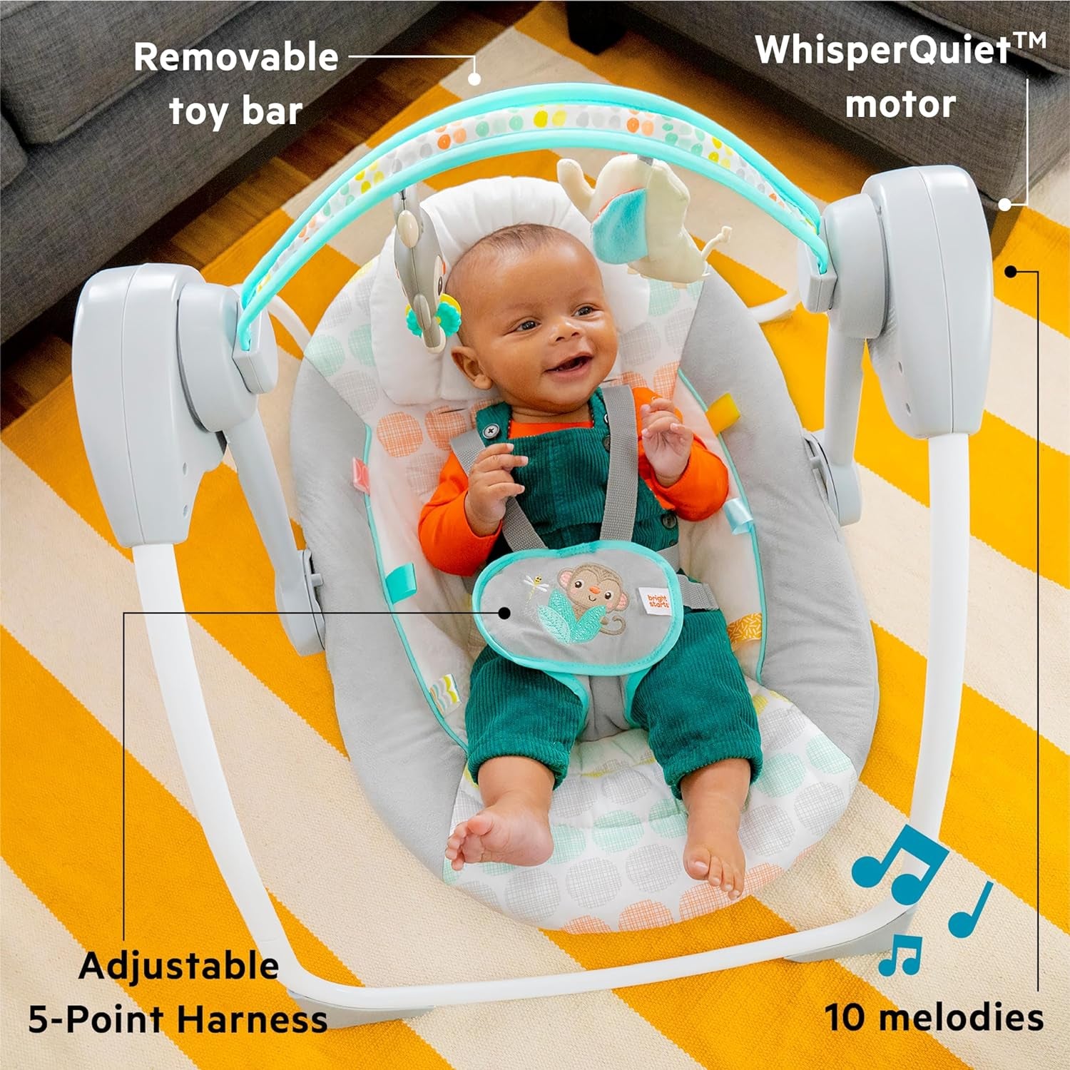 Portable Automatic 6-Speed Baby Swing with Adaptable Speed, Taggies, Music, Removable-Toy-Bar, 0-9 Months 6-20 Lbs (Whimsical Wild)