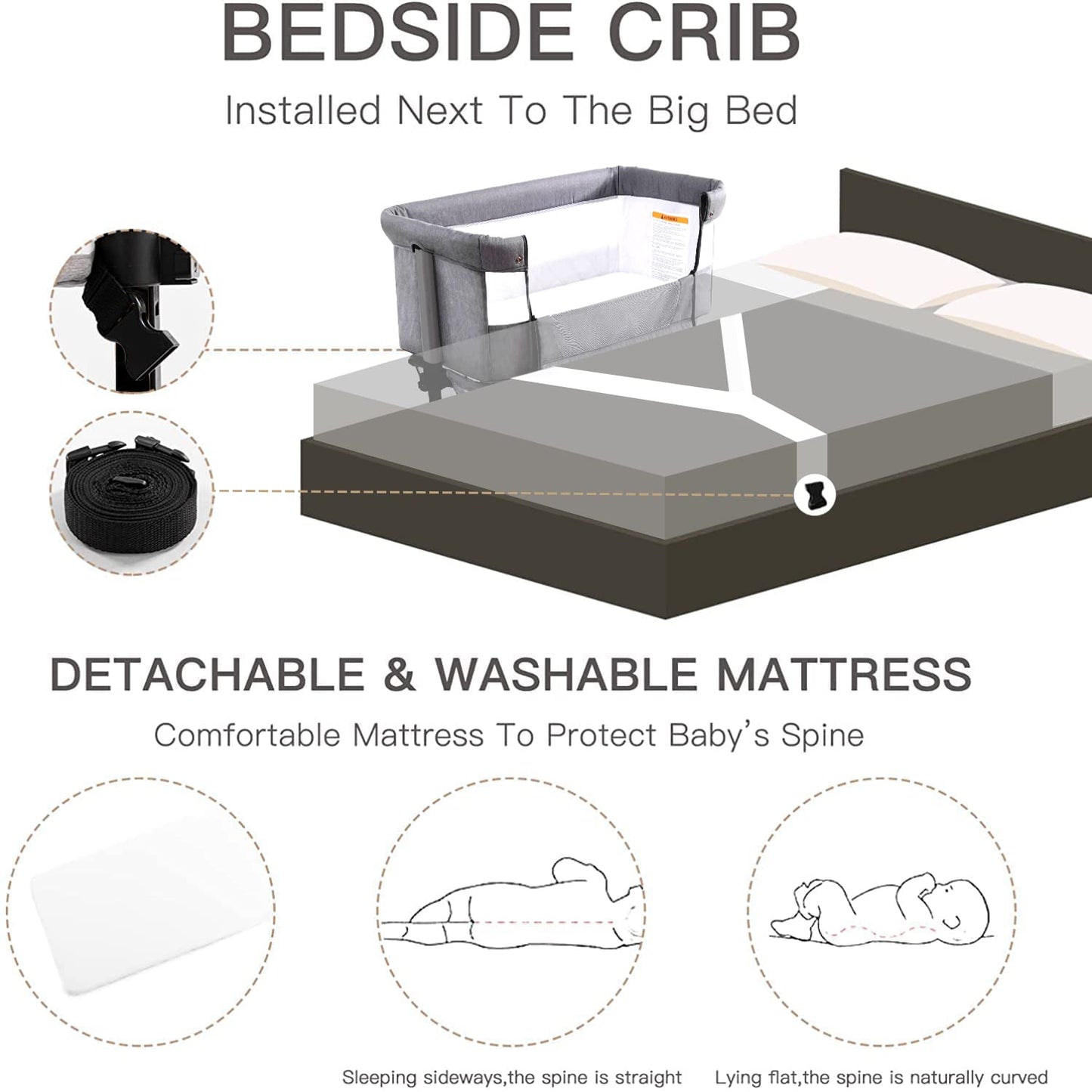 Baby Crib,3 in 1 Baby Bassinet Bedside Crib Adjustable Portable Bed for Infant,Baby Newborn Must Have Bed,Grey
