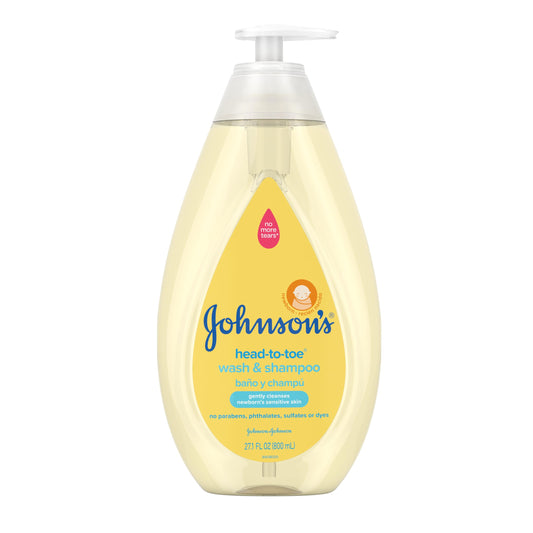 Johnson's Head-to-Toe Gentle Tear-Free Baby &amp; Newborn Wash &amp; Shampoo, sulfato, parabeno, ftalato y colorantes, lavado hipoalergénico para piel y cabello sensibles, 27.1 fl. Onz