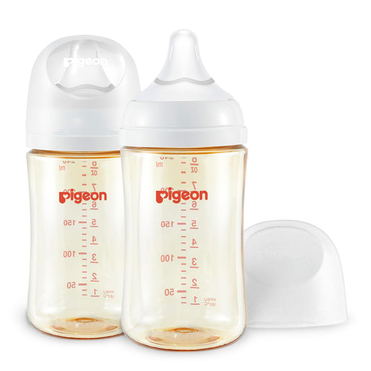 Pigeon PPSU Biberón de lactancia con cuello ancho, cuerpo aerodinámico, sensación natural, fácil de limpiar, 8.1 oz (paquete de 2), incluye 2 tetinas M (3 m +)