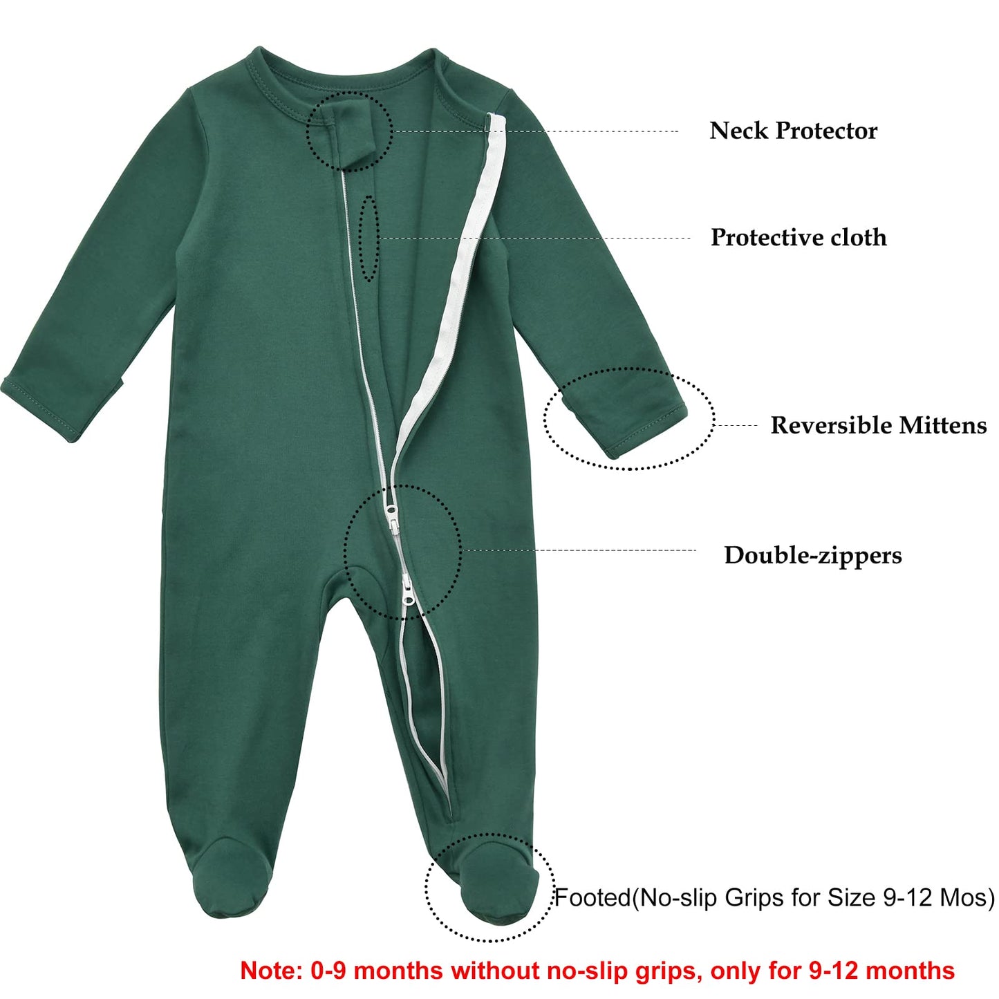 Aablexema Baby Footie Pajama with Mitten Cuffs, Double Zipper Infant Cotton clothes Sleeper Pjs, Footed Sleep Play(White & Green & Khaki,0-3 Months)