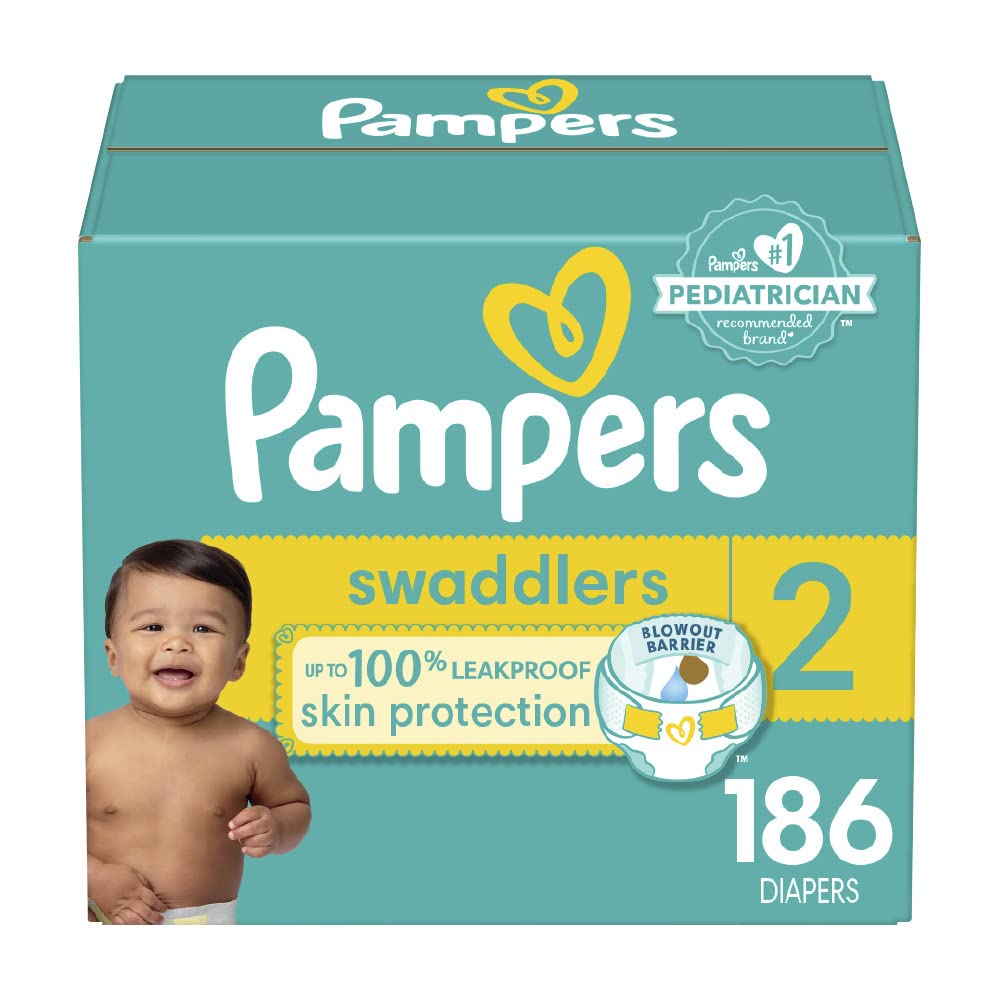 Pañales Pampers Swaddlers - Tamaño 2, suministro para un mes (186 unidades), pañales desechables ultra suaves para bebés