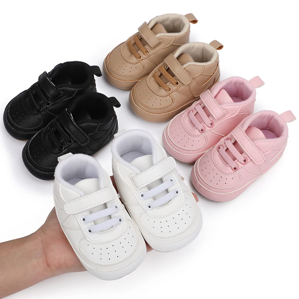 Clowora Unsex Baby Shoes Boys Girls Infant Sneakers Non-Slip Soft Rubber Sole Toddler Crib First Walker Lightweight Shoes(A02/White,12-18 Months)