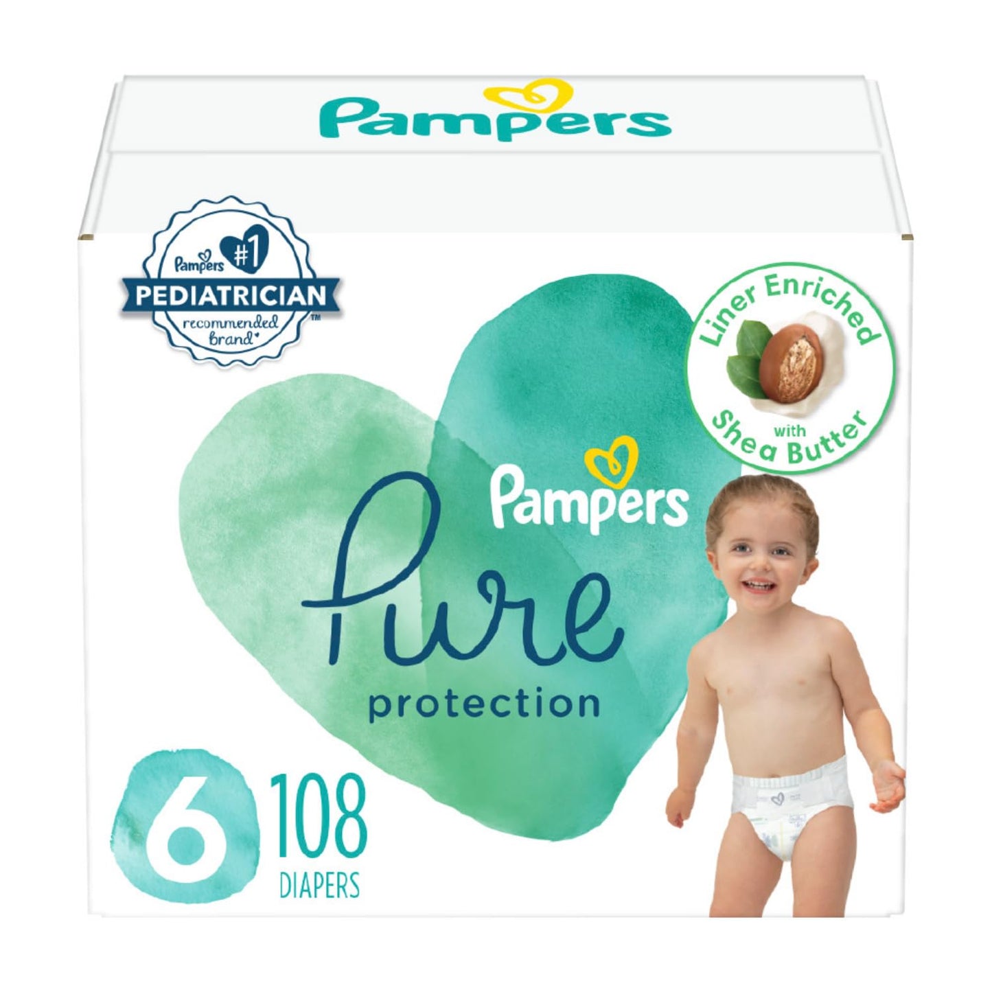 Pañales Pampers Pure Protection - Tamaño 6, suministro para un mes (108 unidades), pañales desechables hipoalergénicos premium para bebé