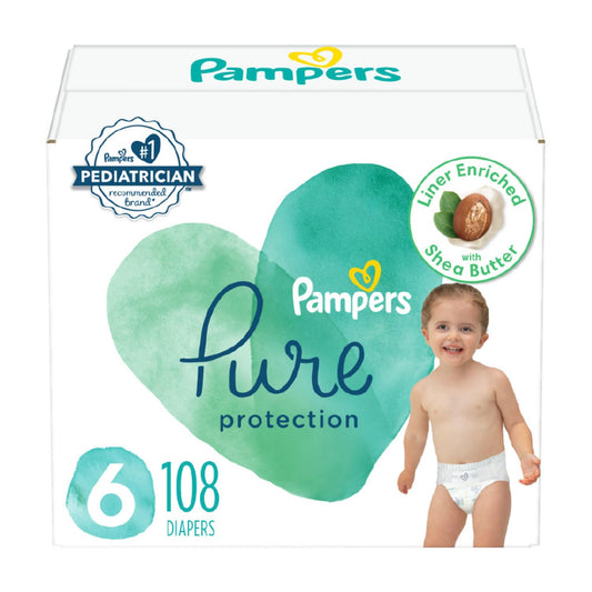 Pampers Pure Protection Diapers - Size 6, One Month Supply (108 Count), Hypoallergenic Premium Disposable Baby Diapers