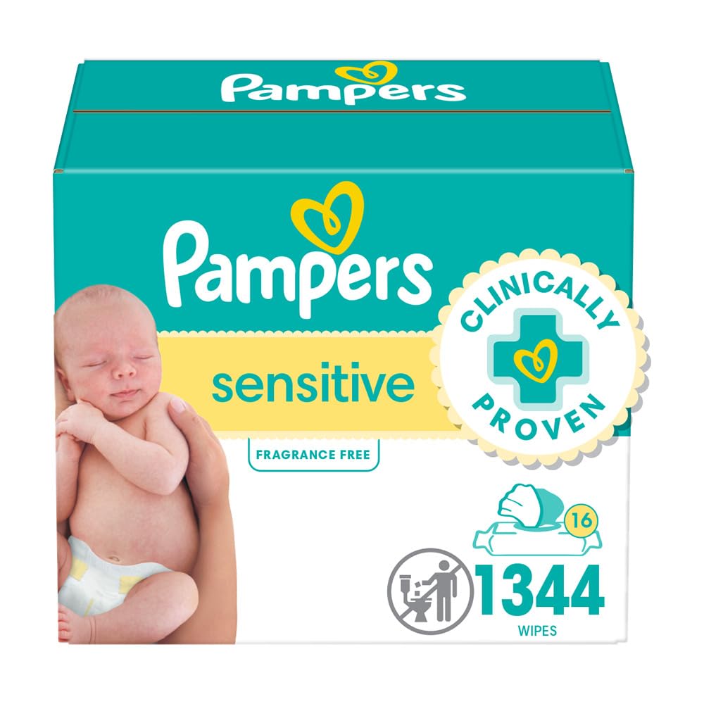 Toallitas para bebés Pampers Sensitive, a base de agua, hipoalergénicas y sin perfume, 16 paquetes con tapa abatible (1344 toallitas en total)