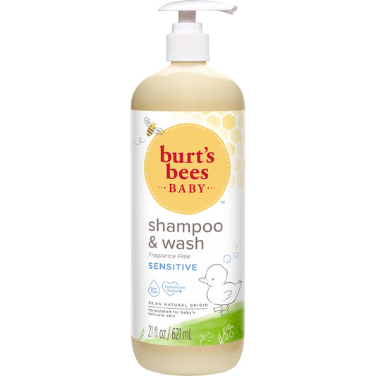 Burt's Bees Juego de champú y lavado para bebés, sin fragancia, fórmula 2 en 1 a base de plantas de origen natural para pieles sensibles, hipoalergénico, sin desgarros, sin parabenos, probado por pediatras, botella de 21 oz