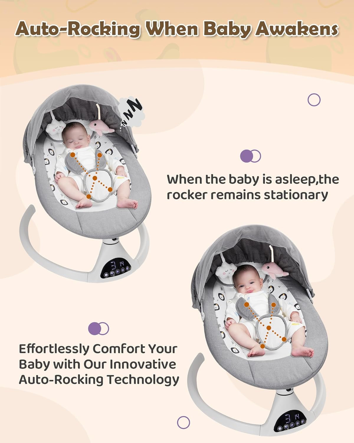 Baby Swing for Infants to Toddler Portable Babies Swing Timing Function 5 Swing Speeds Bluetooth Touch Screen Music Speaker with 10 Preset Lullabies 5-Point Carabiner Gray