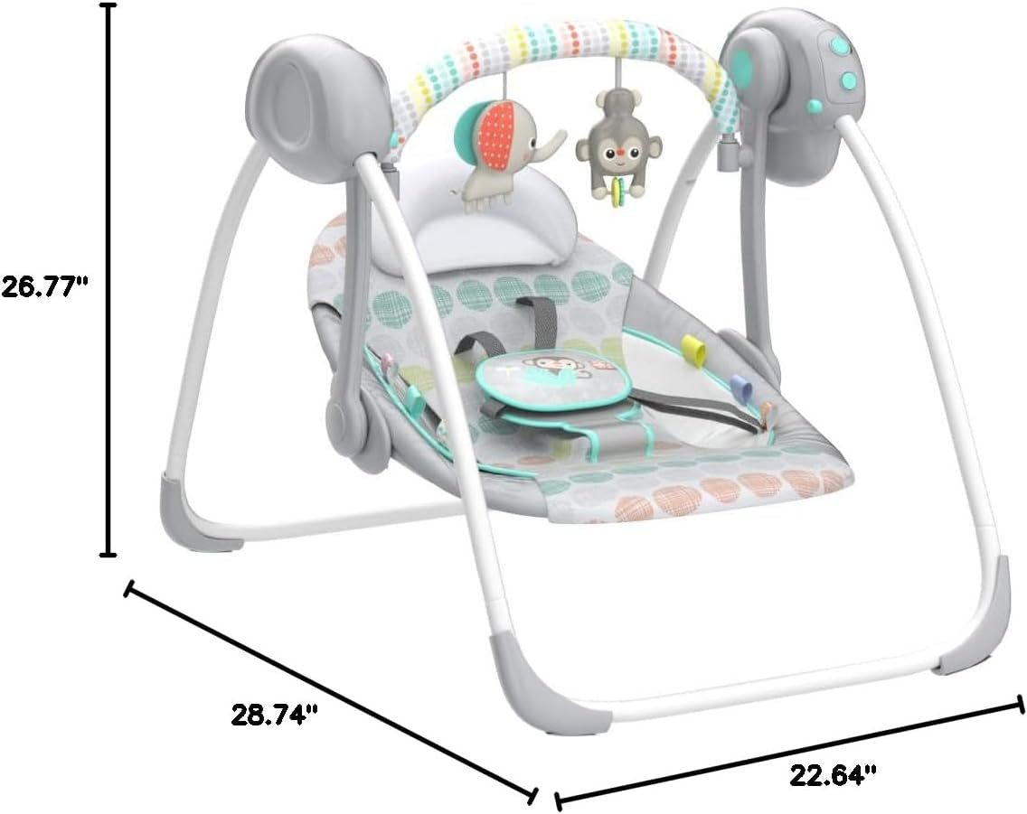 Portable Automatic 6-Speed Baby Swing with Adaptable Speed, Taggies, Music, Removable-Toy-Bar, 0-9 Months 6-20 Lbs (Whimsical Wild)