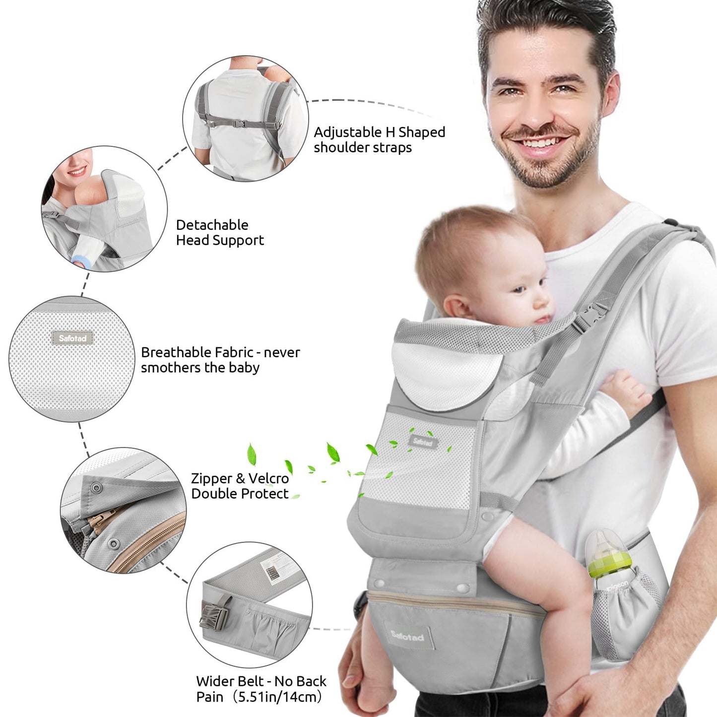 Safotad Baby Carrier with Hip Seat,Ergonomic M Position 6in1 Baby Carrier Newborn to Toddler,Head Support and Breathable Mesh Newborn Carrier,Adjustable Baby Holder Carrier for Dad&Mom-Grey