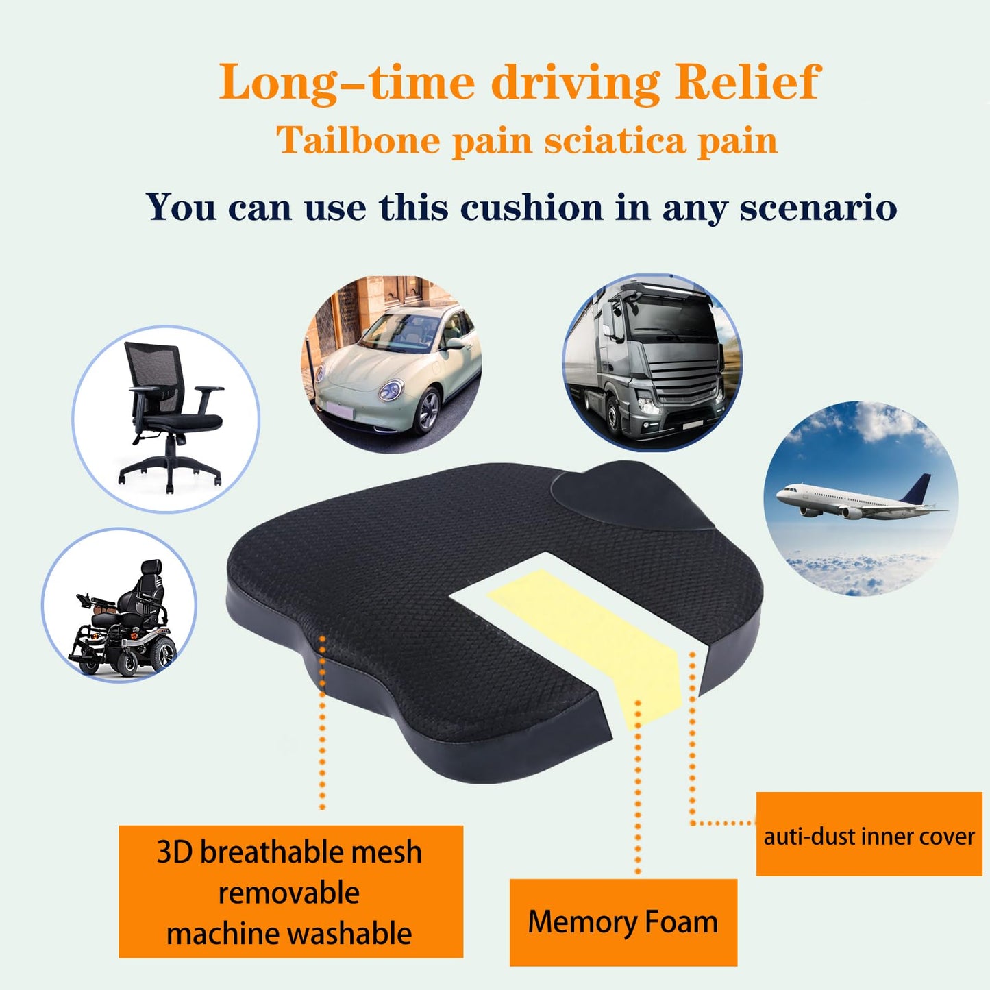 XINJUN Decompression Cushion, Comfort Memory Foam Seat Cushion for Car Seat Drivers, Tailbone (Coccyx) Pain Relief Cushion, Office Chair Cushion (Black)